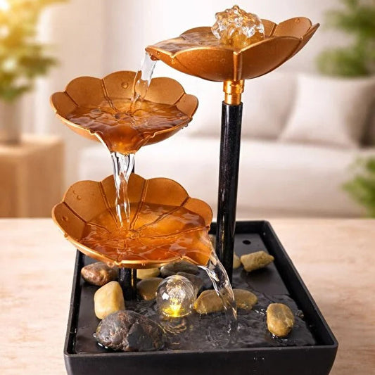 3 Katlı Lotus Çiçekli LED Işıklı Dekoratif Şelale Masaüstü Su Çeşmesi